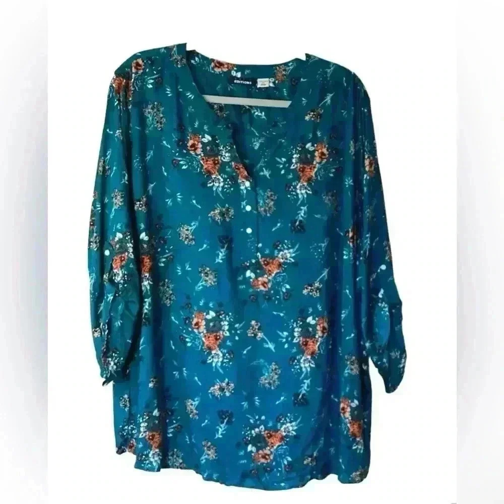 Basic Editions 3X blue floral button V-neck roll tab sleeves lightweight flowy